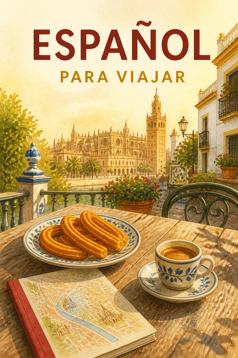 Course cover for Easy Spanish for Your Spain Trip: a young traveler greeting a local in a sunny Spanish plaza, with tapas and a map nearby.