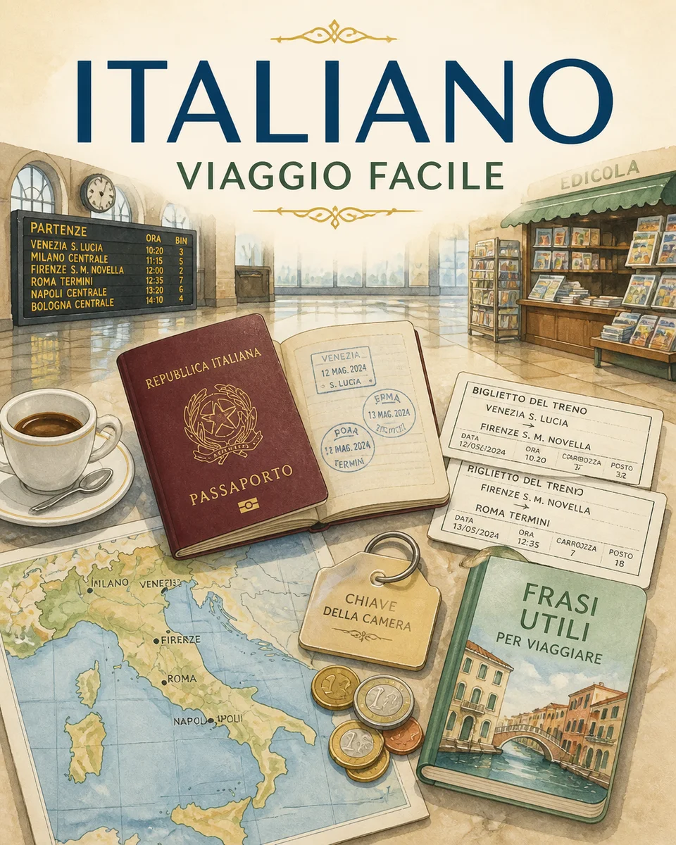 Course cover showing Italian landmarks and a coffee cup for essential travel phrases.